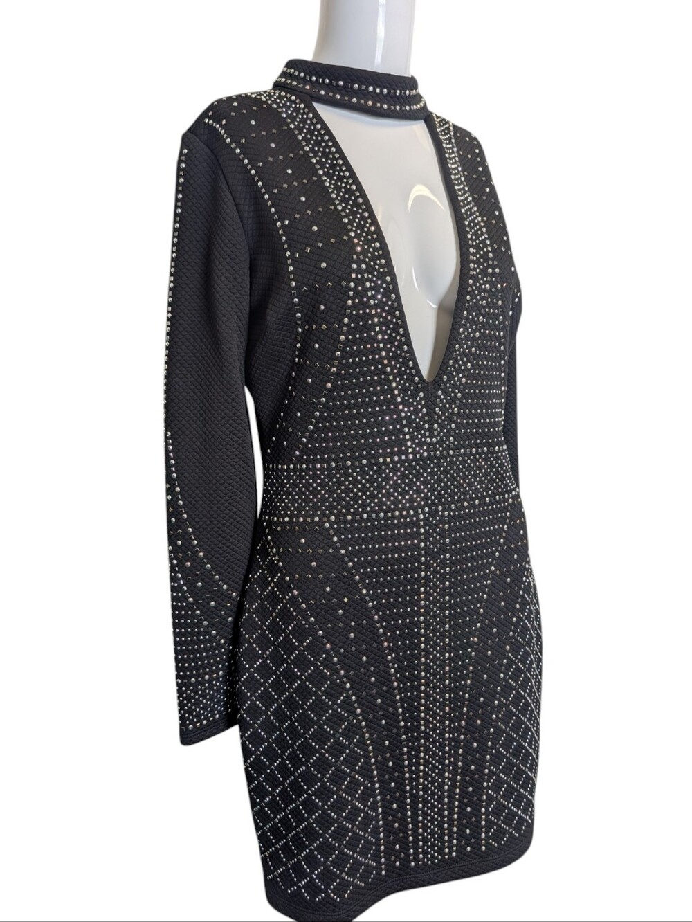 Bebe Black Studded Deep V Short Dress Long Sleeve Metallic Party Club Size M Y2K - Picture 3 of 5